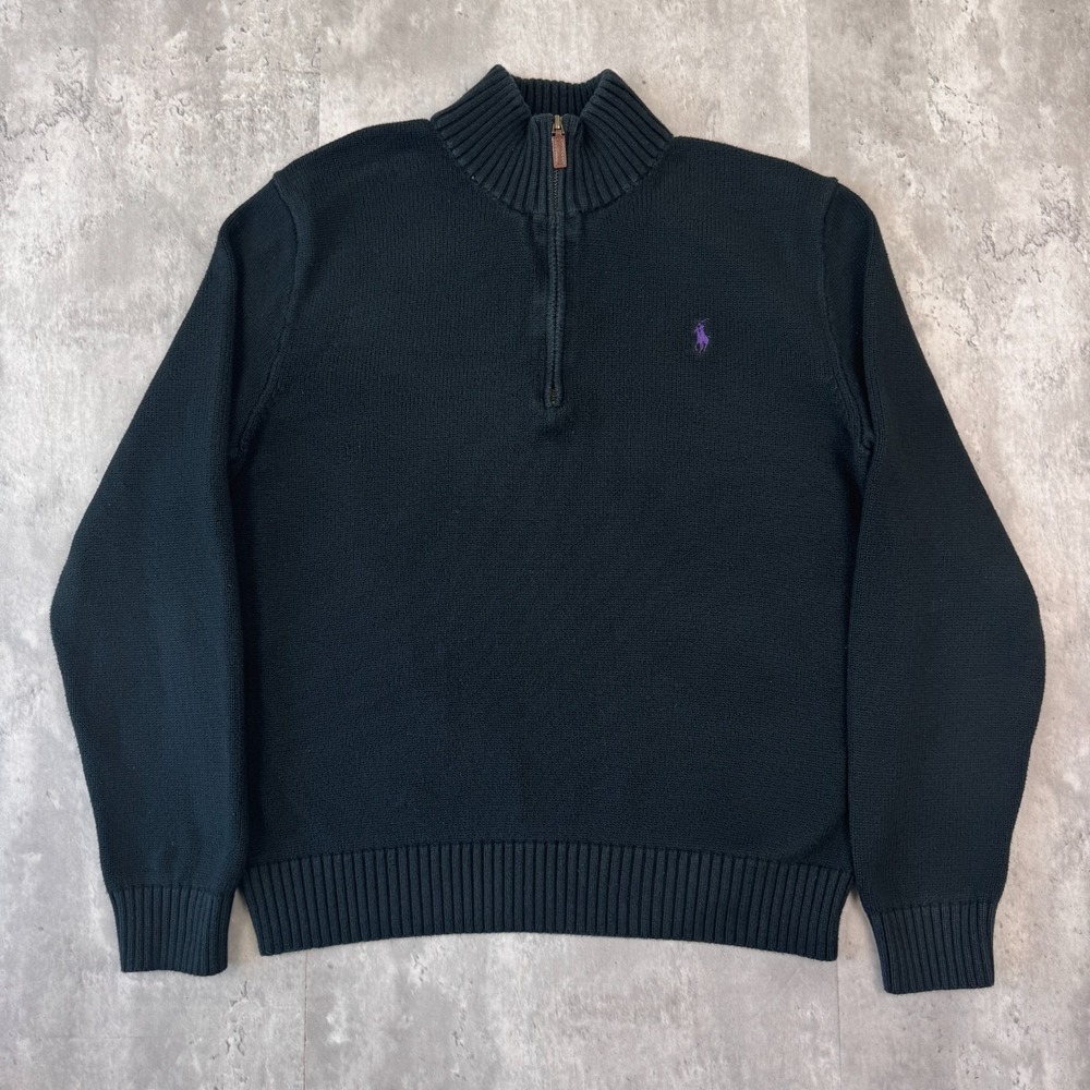 Polo Ralph Lauren Sweater Mens Large Black Quarter Zip Purple Pony Cotton Knit
